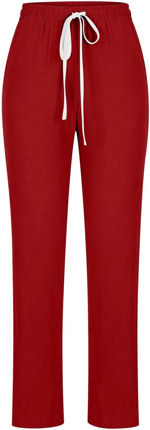 SMIDOW Womens Cotton Linen Pants Casual Drawstring Elastic High Waist Straight Leg Pants Loose Comfy Trousers with Pockets