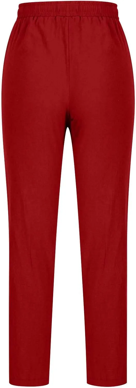 SMIDOW Womens Cotton Linen Pants Casual Drawstring Elastic High Waist Straight Leg Pants Loose Comfy Trousers with Pockets