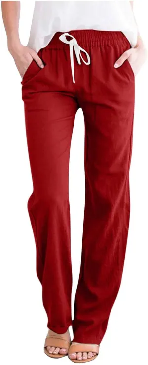 SMIDOW Womens Cotton Linen Pants Casual Drawstring Elastic High Waist Straight Leg Pants Loose Comfy Trousers with Pockets