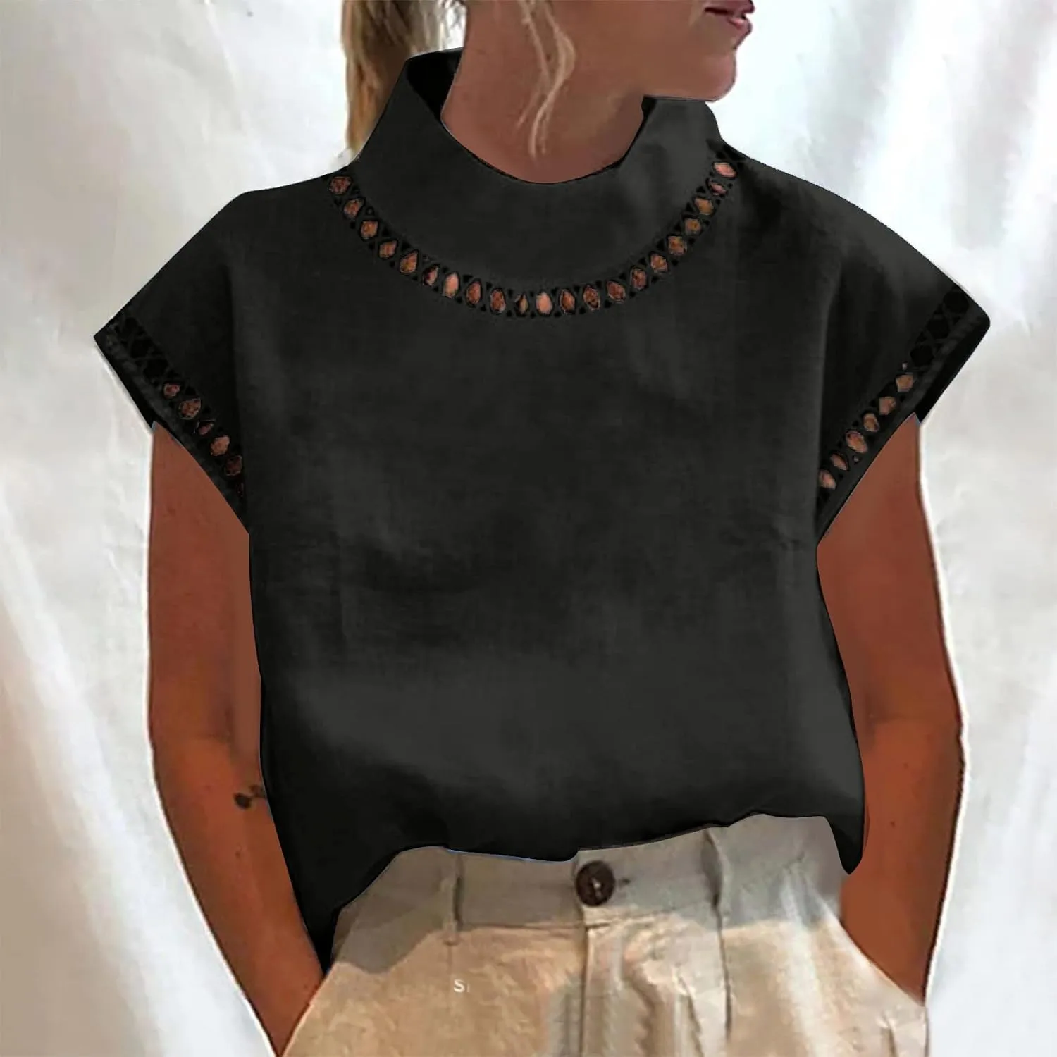SMIDOW Womens Tops Dressy Casual Spring 2023 Fashion Casp Sleeve Linen Shirts High Neck Eyelet Summer t-Shirt Blouse
