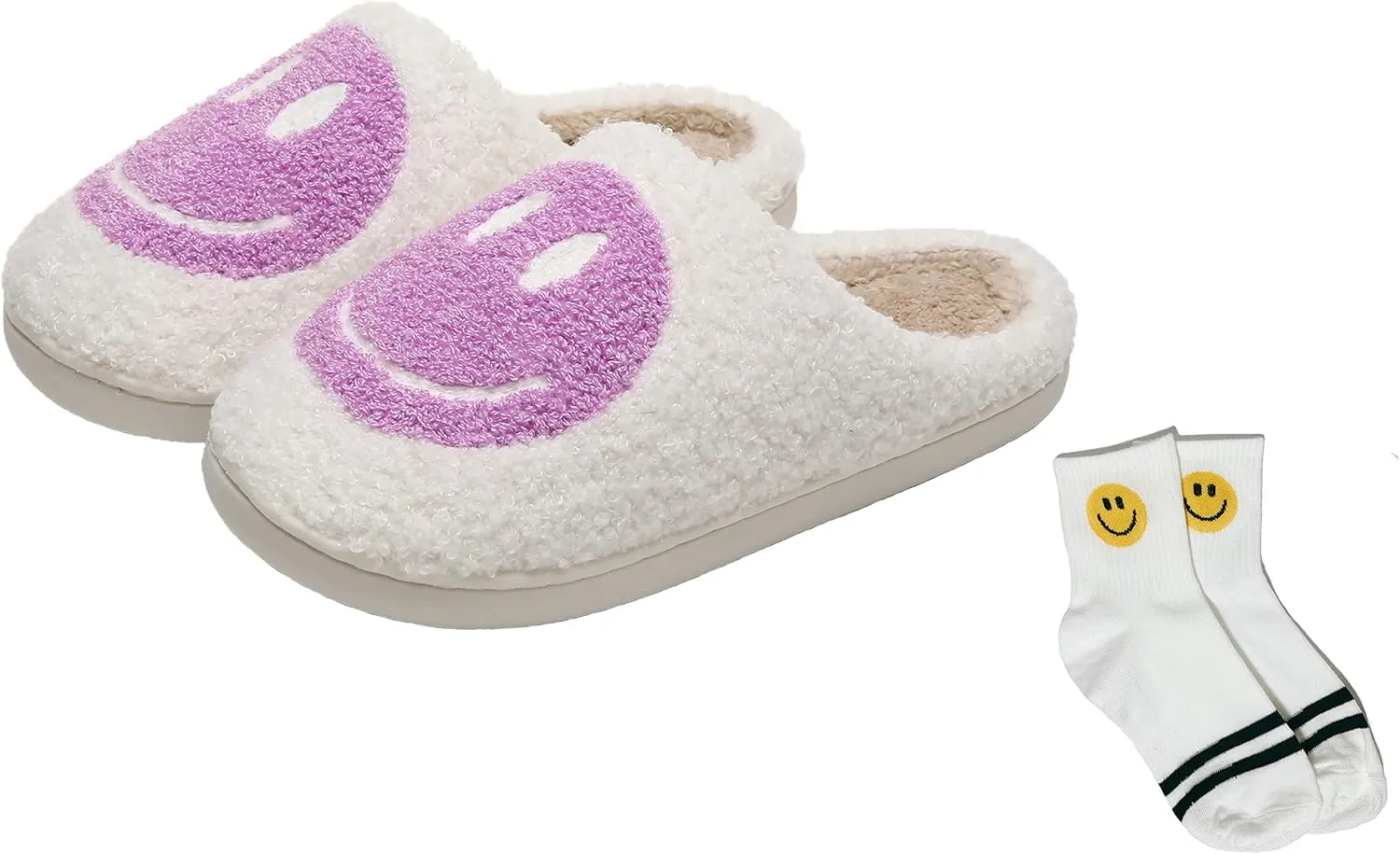 Smiley Face Slippers Women,Plush Slipp-Ers Cute Cartoon Non Slip Indoor Plush Warm Winter Home Shoes