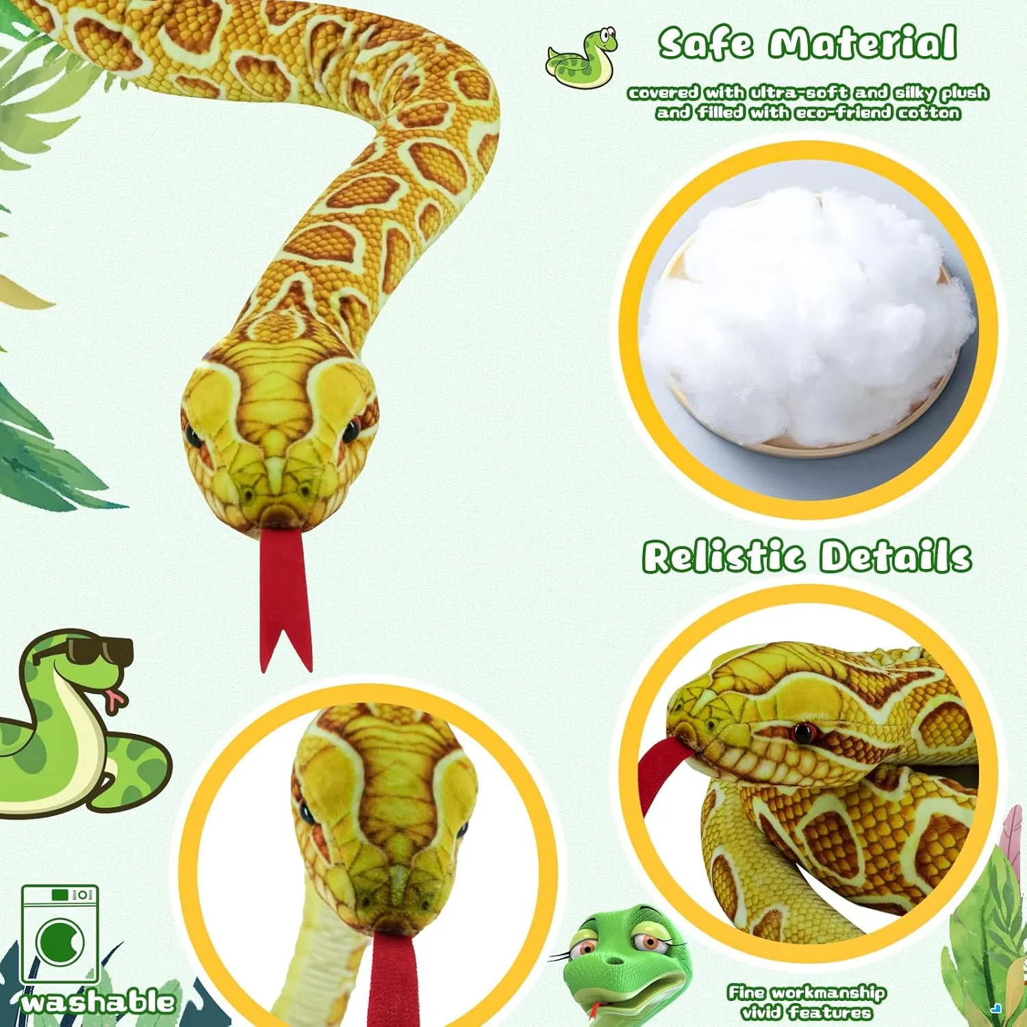 Snake Plush Toy, 59'' Large Washable, Huge Realistic Plush Cuddle Toy, Soft and Cute Children's Gifts, Birthday Party Gifts, Prank Props (Golden Python)