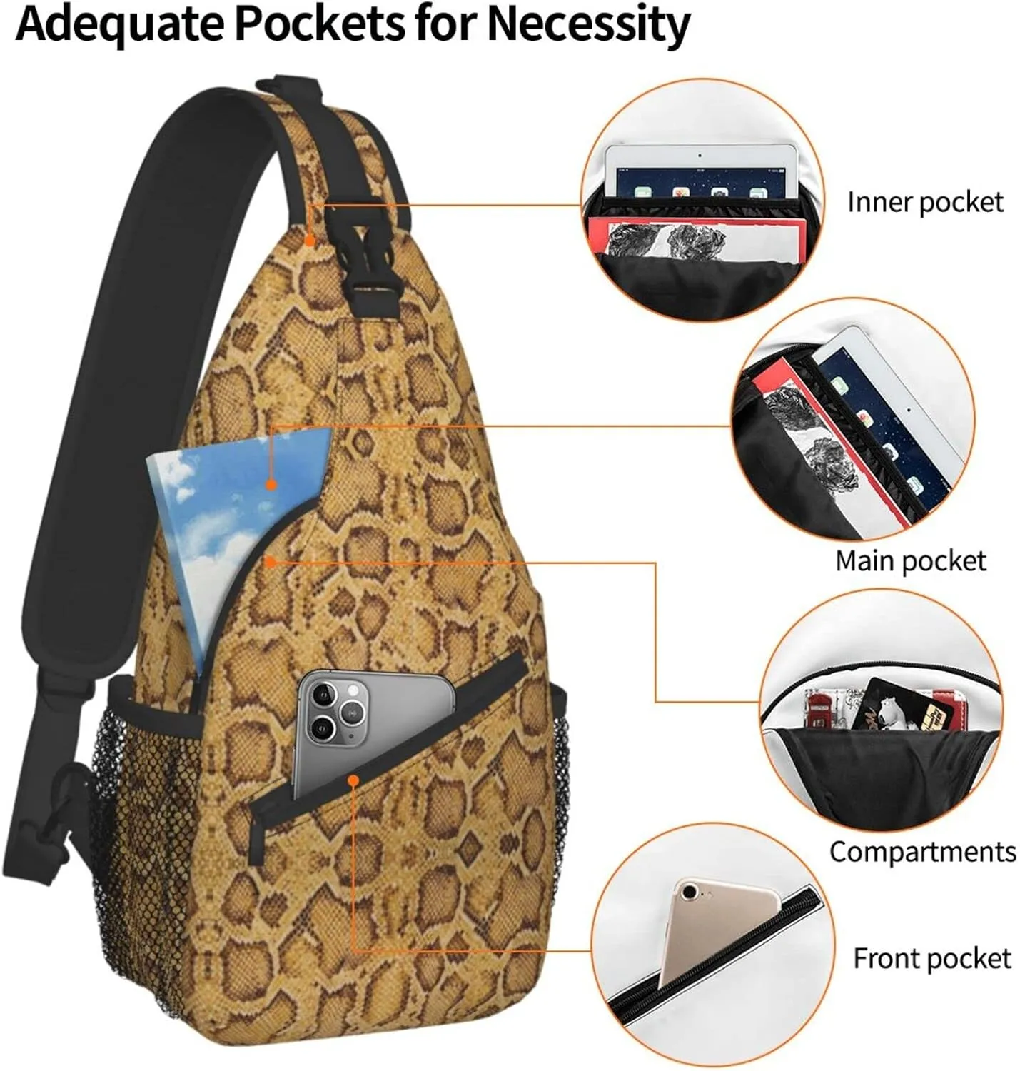 Snake Skin Sling Bag Animal Crossbody Chest Daypack Casual Backpack Women Shoulder Bag For Travel Picnic