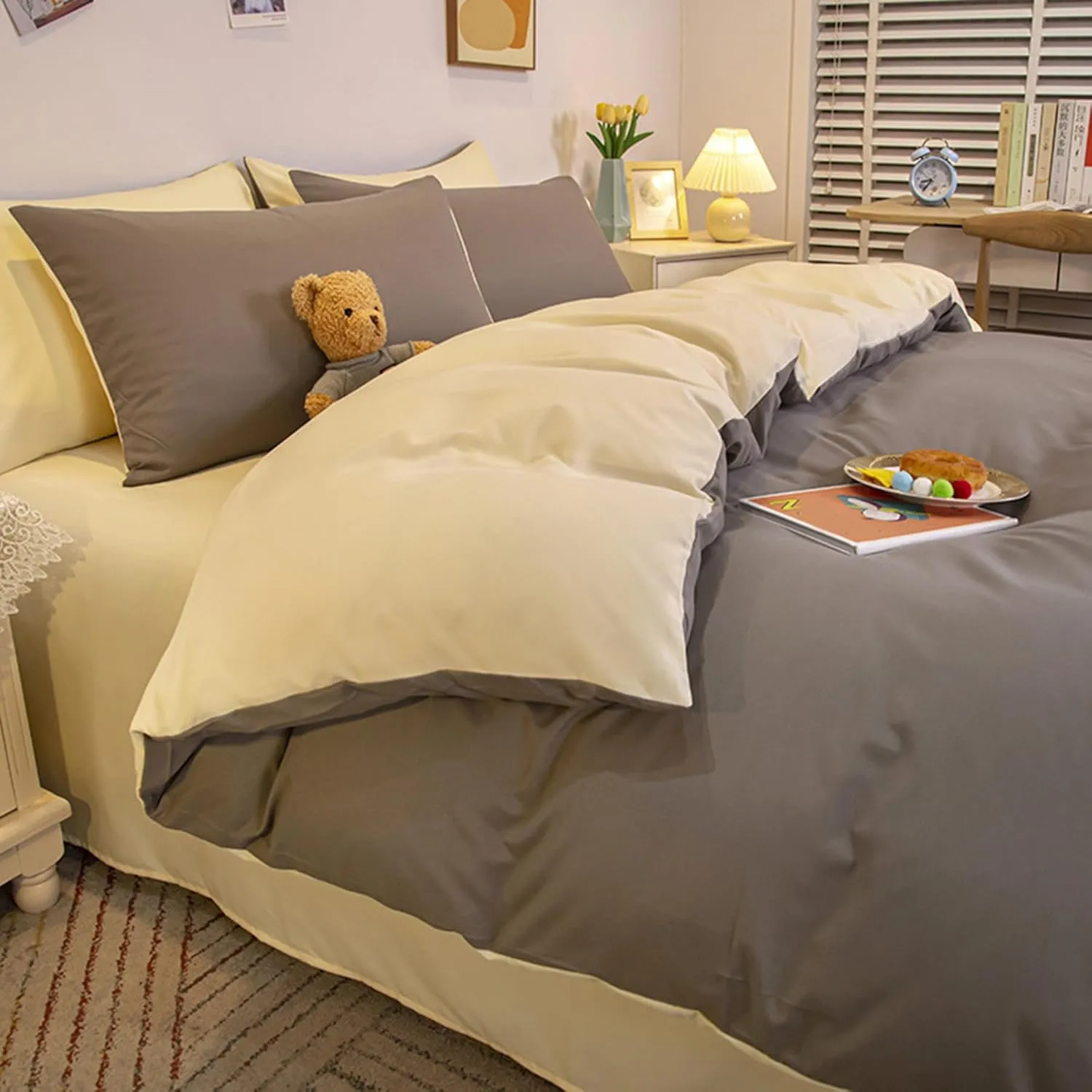 Soft Cotton Bedding Set, 100% Washed Cotton Duvet Cover Set Queen Size, Breathable Linen Feel Comforter Cover Set, Bedding 4 Piece for All-Season, with Zipper Closure,Gray 2,Twin