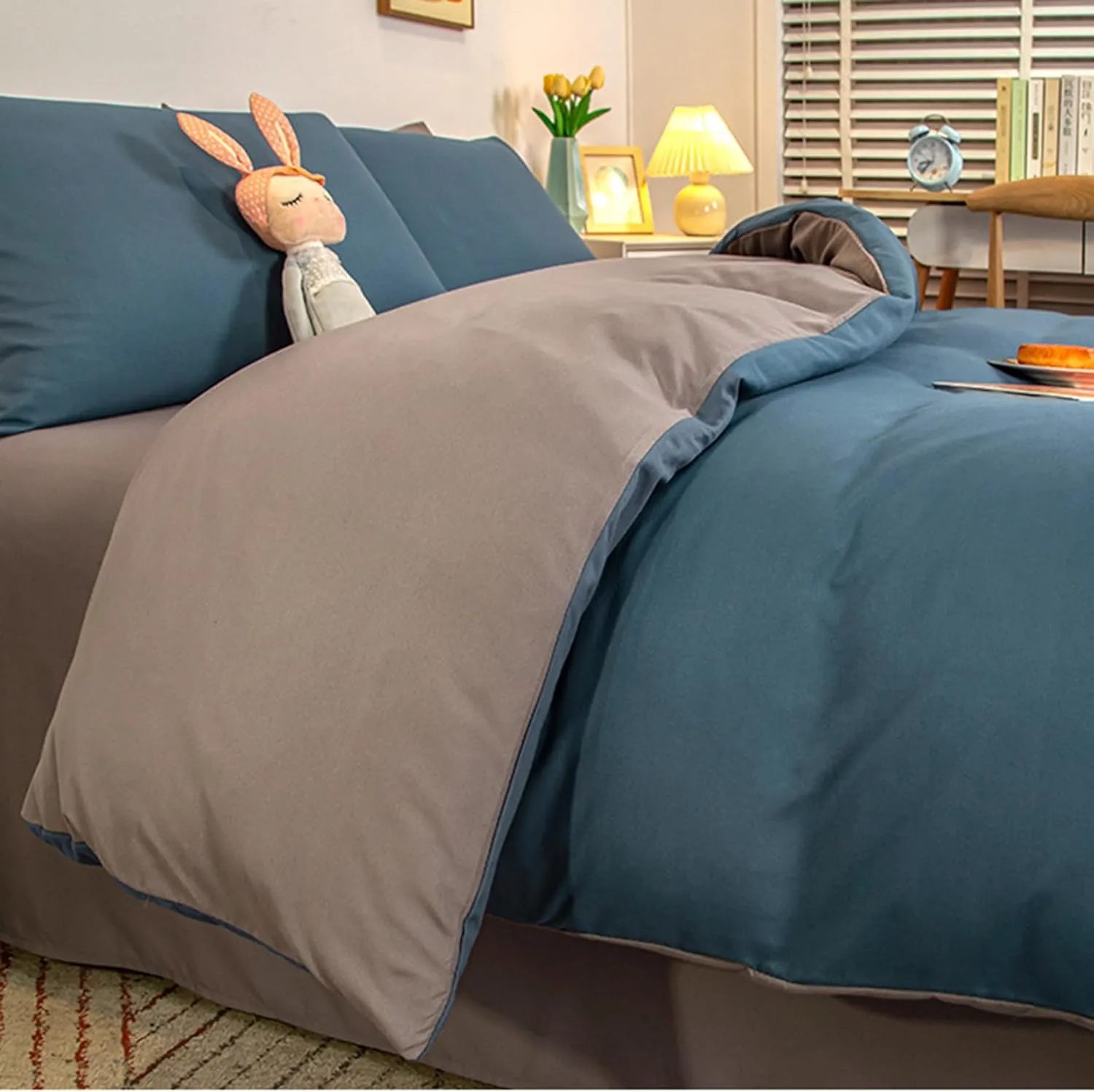 Soft Cotton Bedding Set, 100% Washed Cotton Duvet Cover Set Queen Size, Breathable Linen Feel Comforter Cover Set, Bedding 4 Piece for All-Season, with Zipper Closure,Gray 2,Twin