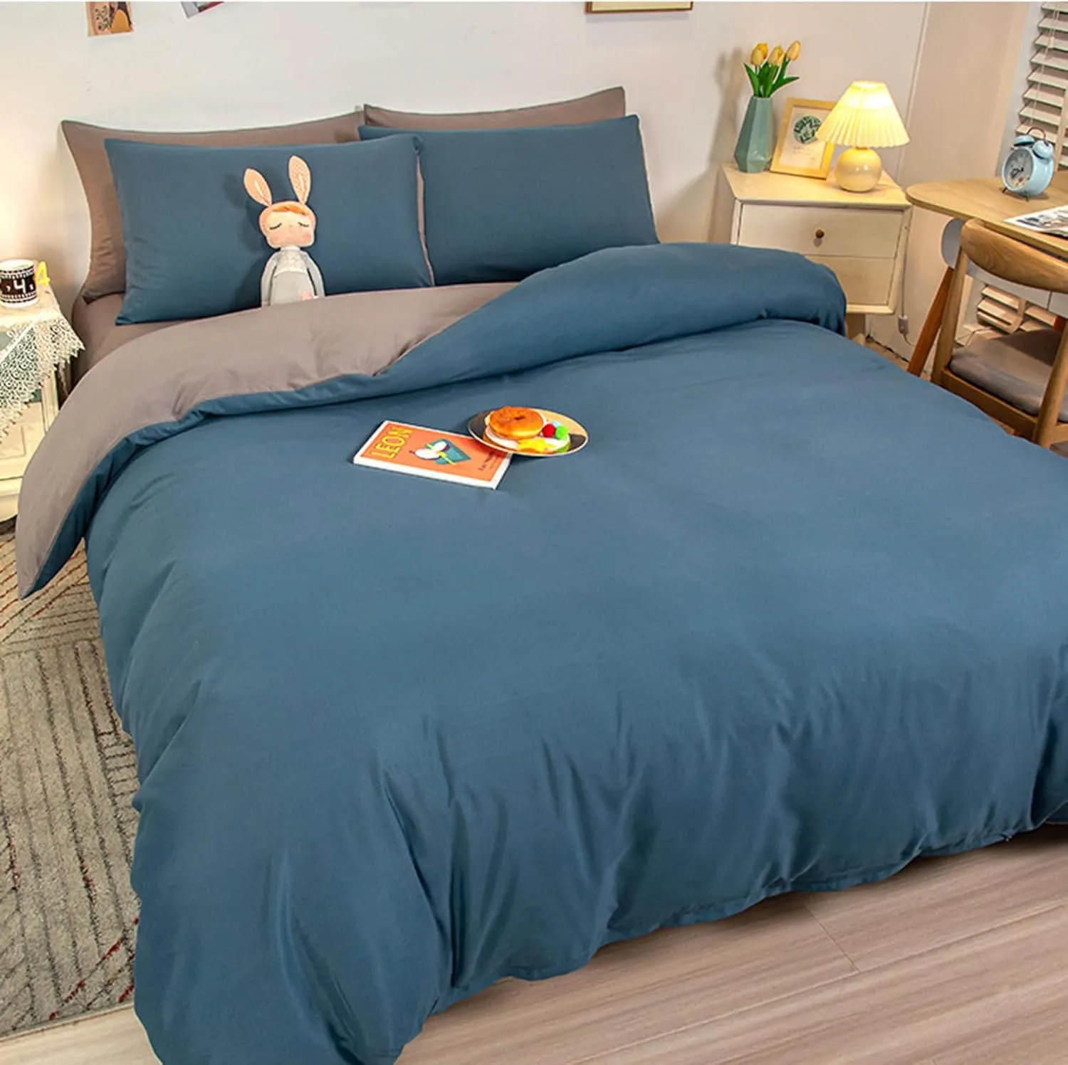 Soft Cotton Bedding Set, 100% Washed Cotton Duvet Cover Set Queen Size, Breathable Linen Feel Comforter Cover Set, Bedding 4 Piece for All-Season, with Zipper Closure,Gray 2,Twin