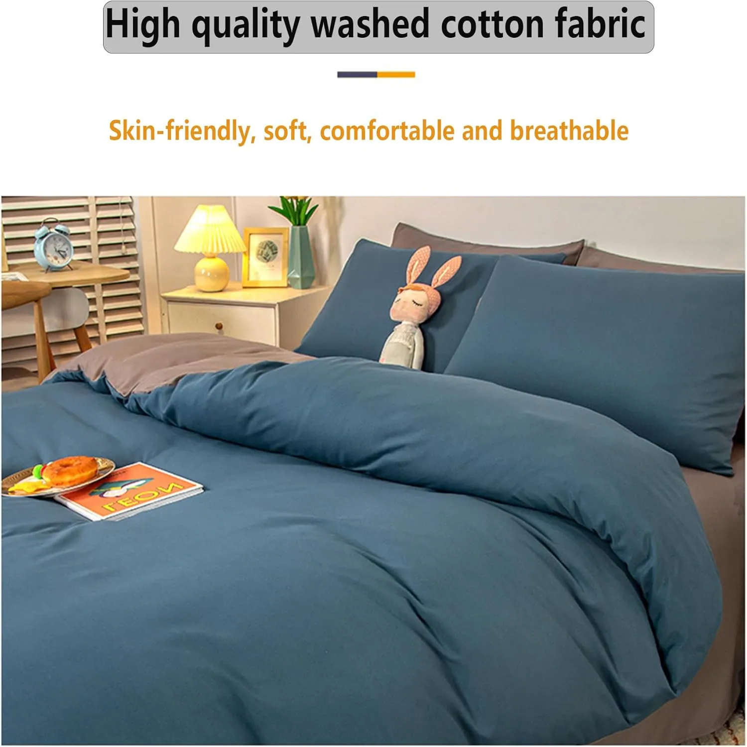 Soft Cotton Bedding Set, 100% Washed Cotton Duvet Cover Set Queen Size, Breathable Linen Feel Comforter Cover Set, Bedding 4 Piece for All-Season, with Zipper Closure,Gray 2,Twin