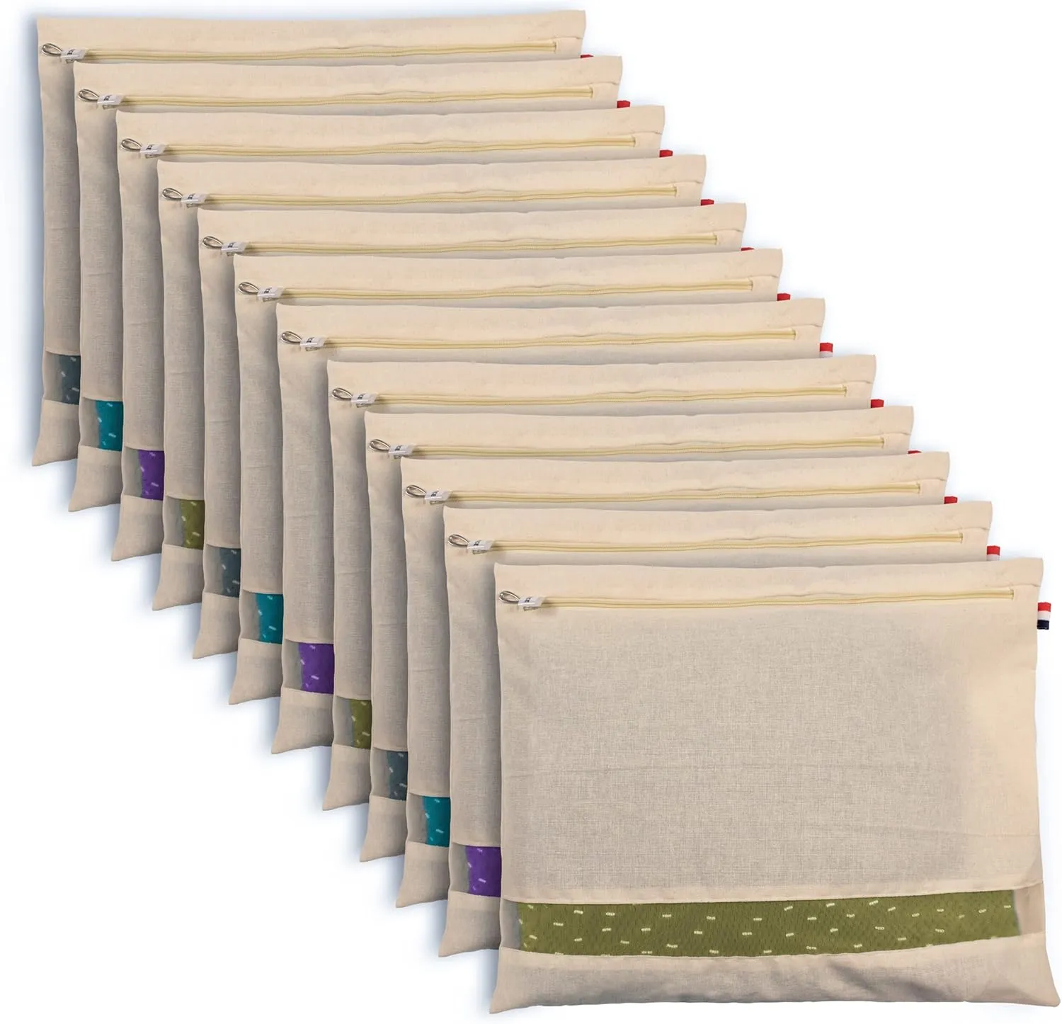 SOLSTICE Cotton Saree Bags, Covers for Storage Set with Zip Closure for Clothes Bags and Wardrobe Organizer with Transparent mesh window (16 x 14 Inches) (Pack 0f 12)
