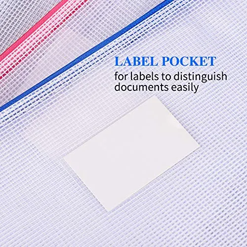 Sooez Mesh Zipper Pouch, 20 Pack Plastic Zip File Document Folders with Label Pocket, Letter Size/A4 Size Document Bag, Zipper Document Bag Zipper Document Pouch for Office Home Travel Storage