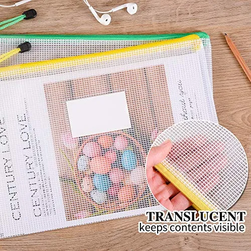 Sooez Mesh Zipper Pouch, 20 Pack Plastic Zip File Document Folders with Label Pocket, Letter Size/A4 Size Document Bag, Zipper Document Bag Zipper Document Pouch for Office Home Travel Storage