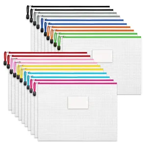 Sooez Mesh Zipper Pouch, 20 Pack Plastic Zip File Document Folders with Label Pocket, Letter Size/A4 Size Document Bag, Zipper Document Bag Zipper Document Pouch for Office Home Travel Storage