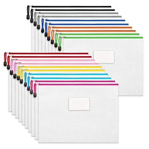 Sooez Mesh Zipper Pouch, 20 Pack Plastic Zip File Document Folders with Label Pocket, Letter Size/A4 Size Document Bag, Zipper Document Bag Zipper Document Pouch for Office Home Travel Storage