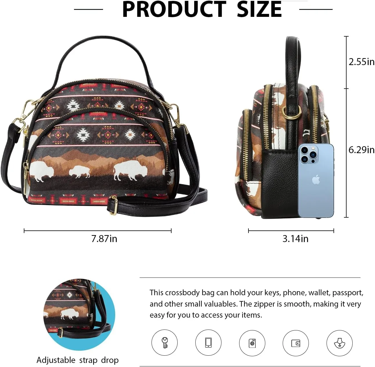 Southwest Crossbody Bags For Women, Handbags, Shoulder Bag, Purse, Pu Leather, With Adjustable Strap