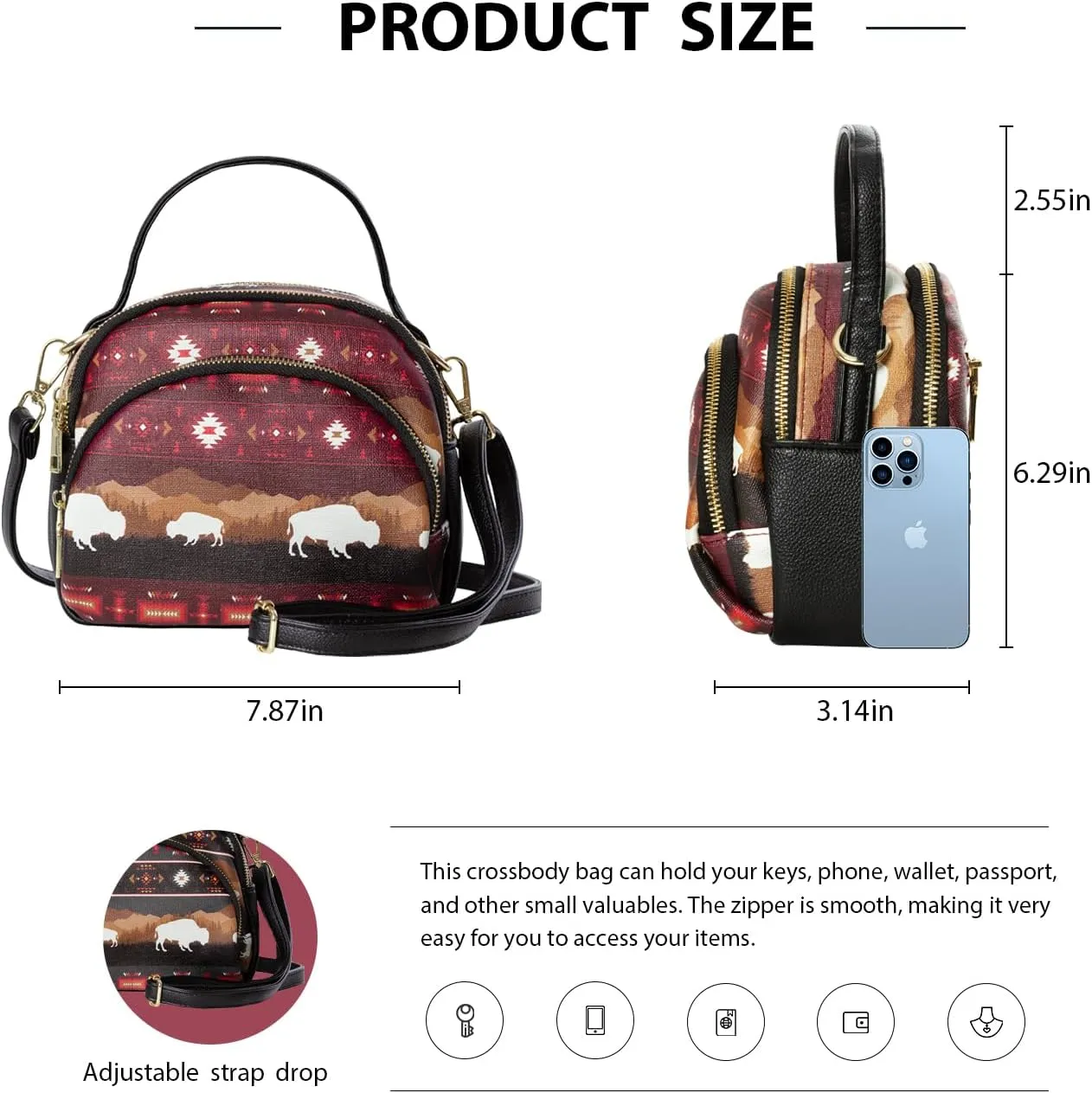 Southwest Crossbody Bags For Women, Handbags, Shoulder Bag, Purse, Pu Leather, With Adjustable Strap