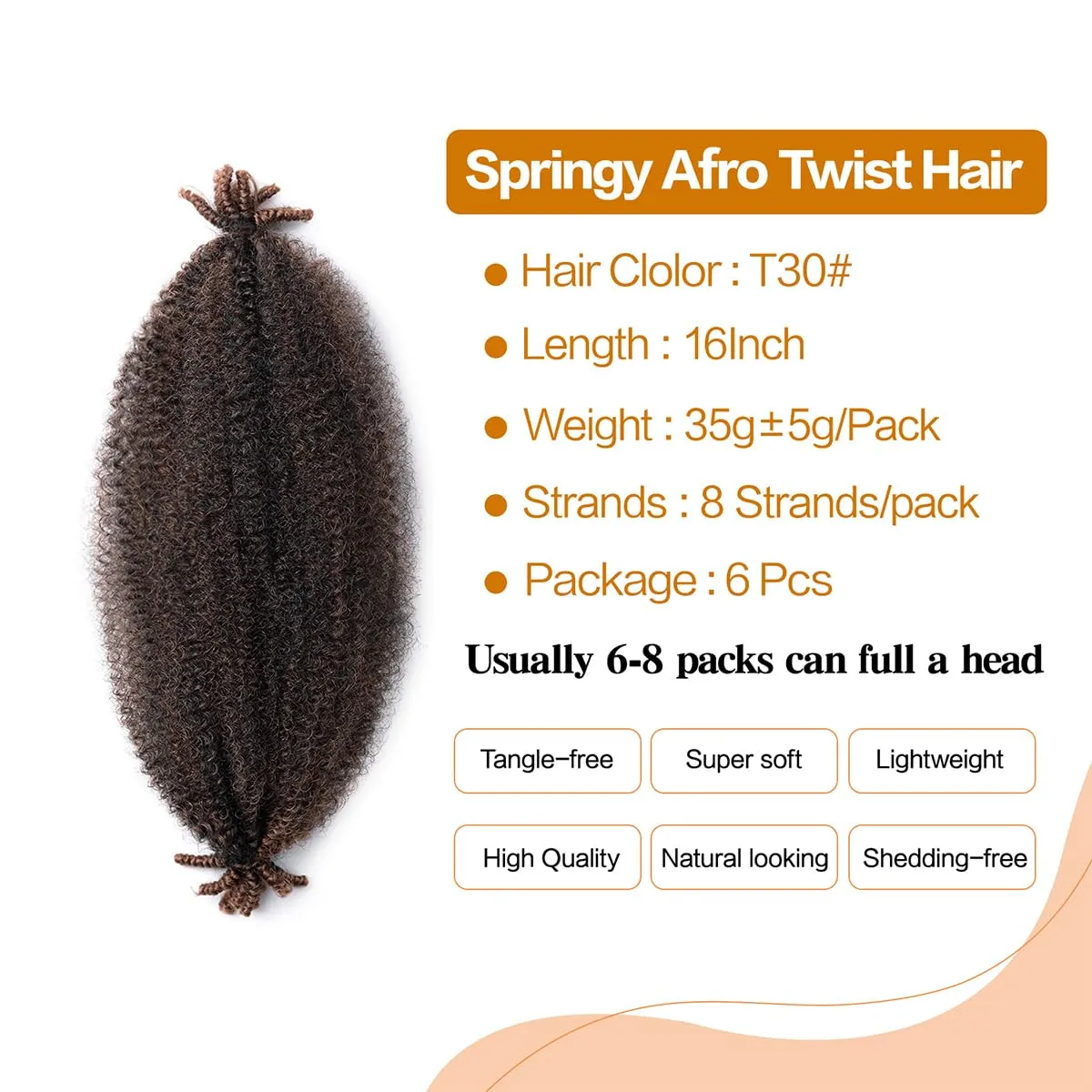 Spring Afro Twist Hair 16 Inch 6 Packs 30G Pre Stretched Braiding Hair Marley Twist Hair Extensions Pre Fluffed Kinky Twist Hair for Soft Locs Extensions(16 Inch,6Pack,T30#)