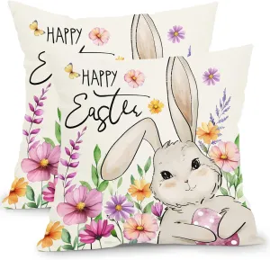 Spring Easter Pillow Covers 18x18 Inch Set of 2 Rabbit Pink Flower Decorative Throw Pillow Covers Vintage Bunny Outdoor Pillowcases Cotton Linen Cushion Covers for Sofa Couch Bed Home Decor