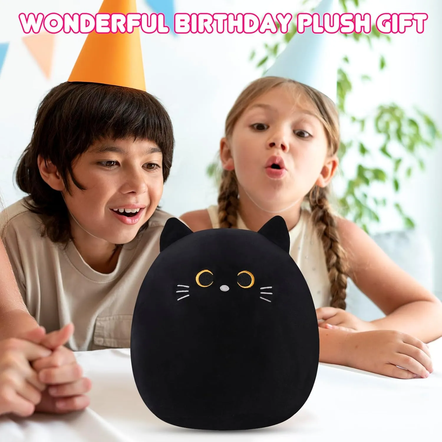 SQEQE Cat Plush Pillow Kawaii Cat Stuffed Animal Fluffy Plushies Doll Toy Soft Animal Shape Design Stuffed Animals Gifts for Kids(Black, 14 inch)