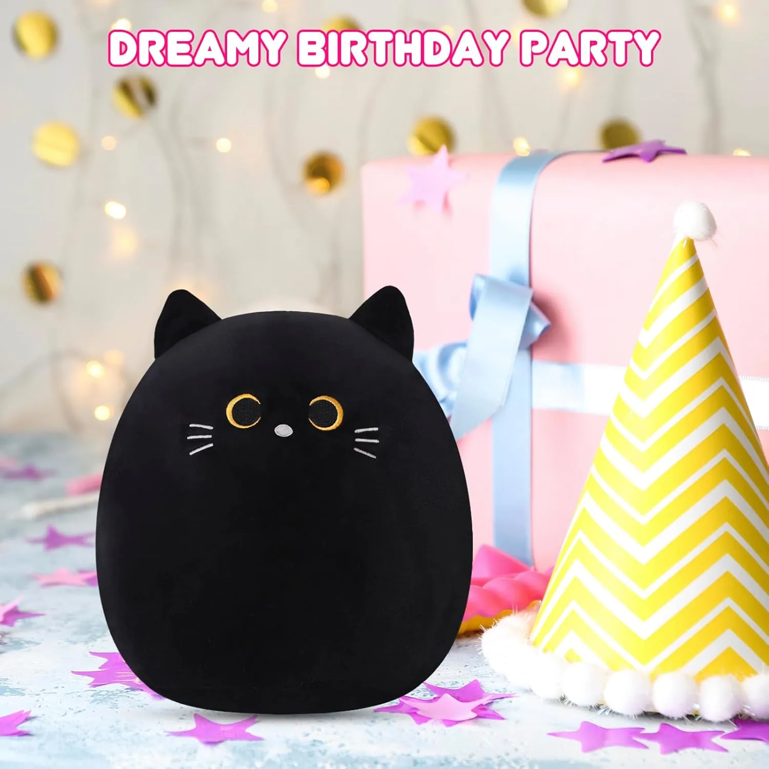 SQEQE Cat Plush Pillow Kawaii Cat Stuffed Animal Fluffy Plushies Doll Toy Soft Animal Shape Design Stuffed Animals Gifts for Kids(Black, 14 inch)