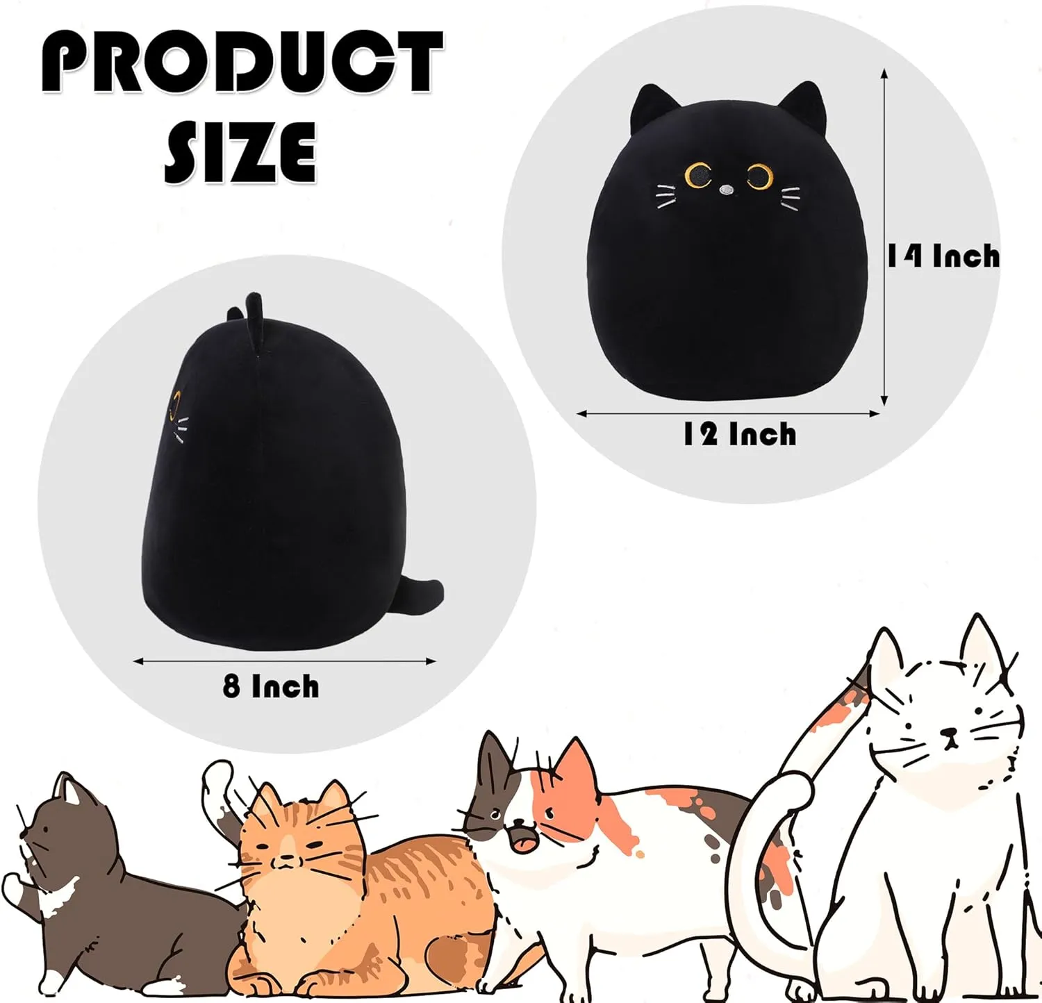SQEQE Cat Plush Pillow Kawaii Cat Stuffed Animal Fluffy Plushies Doll Toy Soft Animal Shape Design Stuffed Animals Gifts for Kids(Black, 14 inch)