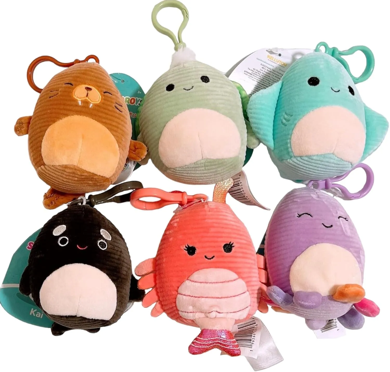 Squishmallows Kellytoy 3.5" Assorted Squad Clip On Keychain Mini Plush Doll (Set 6 Specialty Corduroy Sealife)