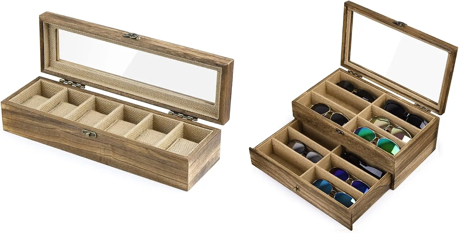 SRIWATANA Watch Box Case 6 Slot and 12 Slot Sunglasses Organizer for Women Men, Vintage Style (Contains 2 Items)