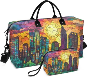 Stained Glass Cityscape Skyscrapers Travel Duffel Bag Gym Bag Sports Tote Bag with Multiple Interior Pockets Shoulder Weekender Bag for Women Men with Toiletry Bag 20.5”x 7.9”x 13.8”