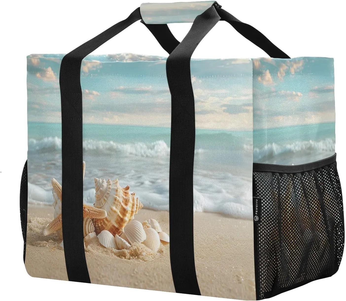Starfish Baech Large Foldable Travel Tote Bag, Lightweight Waterproof Swim Pool Bag with Handles & Pocket for Beach Outdoor, Reusable Grocery Bag for Kitchen, Shopping