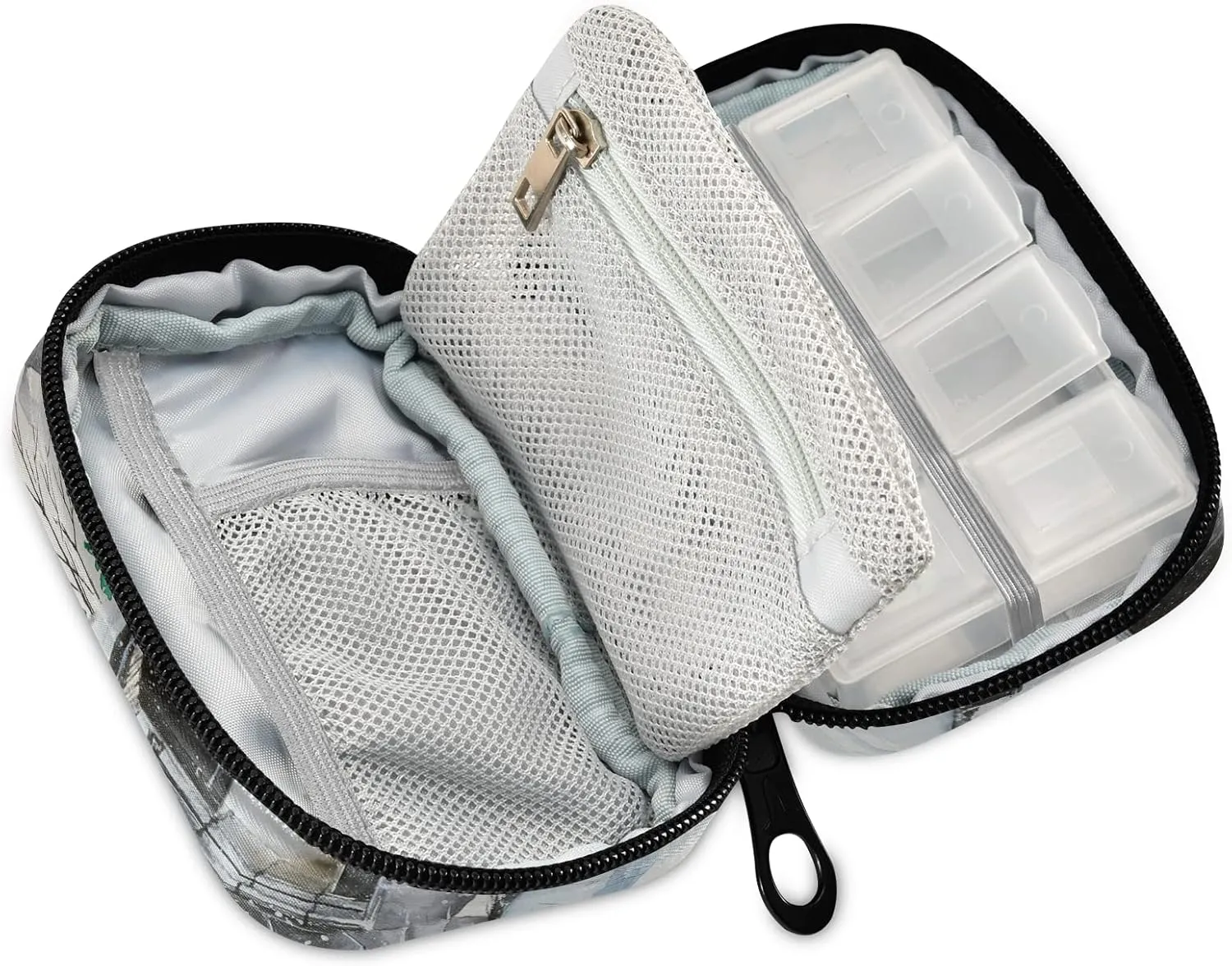 Steam Engine Train with Smoke White Snowy Day Pill Case with Removable Internal Plastic Boxes Organizer, Small Medicine Bag Holder Zippered Carrier for Travel Storage Container