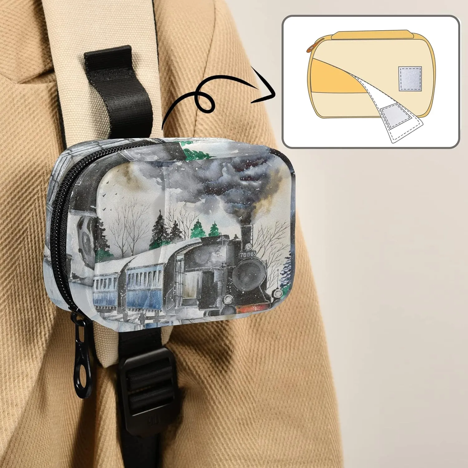 Steam Engine Train with Smoke White Snowy Day Pill Case with Removable Internal Plastic Boxes Organizer, Small Medicine Bag Holder Zippered Carrier for Travel Storage Container