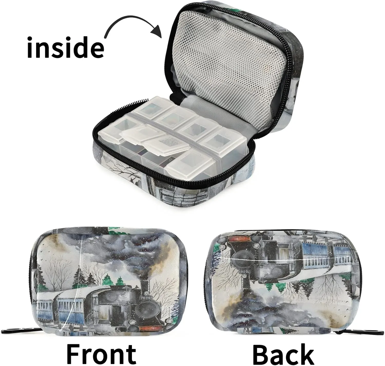 Steam Engine Train with Smoke White Snowy Day Pill Case with Removable Internal Plastic Boxes Organizer, Small Medicine Bag Holder Zippered Carrier for Travel Storage Container