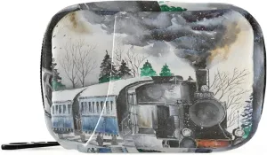 Steam Engine Train with Smoke White Snowy Day Pill Case with Removable Internal Plastic Boxes Organizer, Small Medicine Bag Holder Zippered Carrier for Travel Storage Container