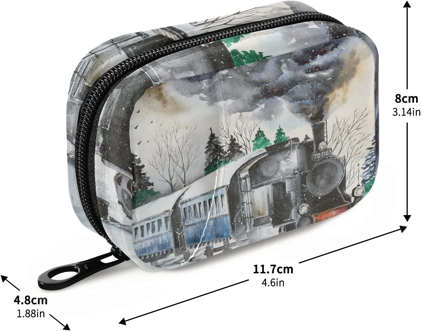 Steam Engine Train with Smoke White Snowy Day Pill Case with Removable Internal Plastic Boxes Organizer, Small Medicine Bag Holder Zippered Carrier for Travel Storage Container