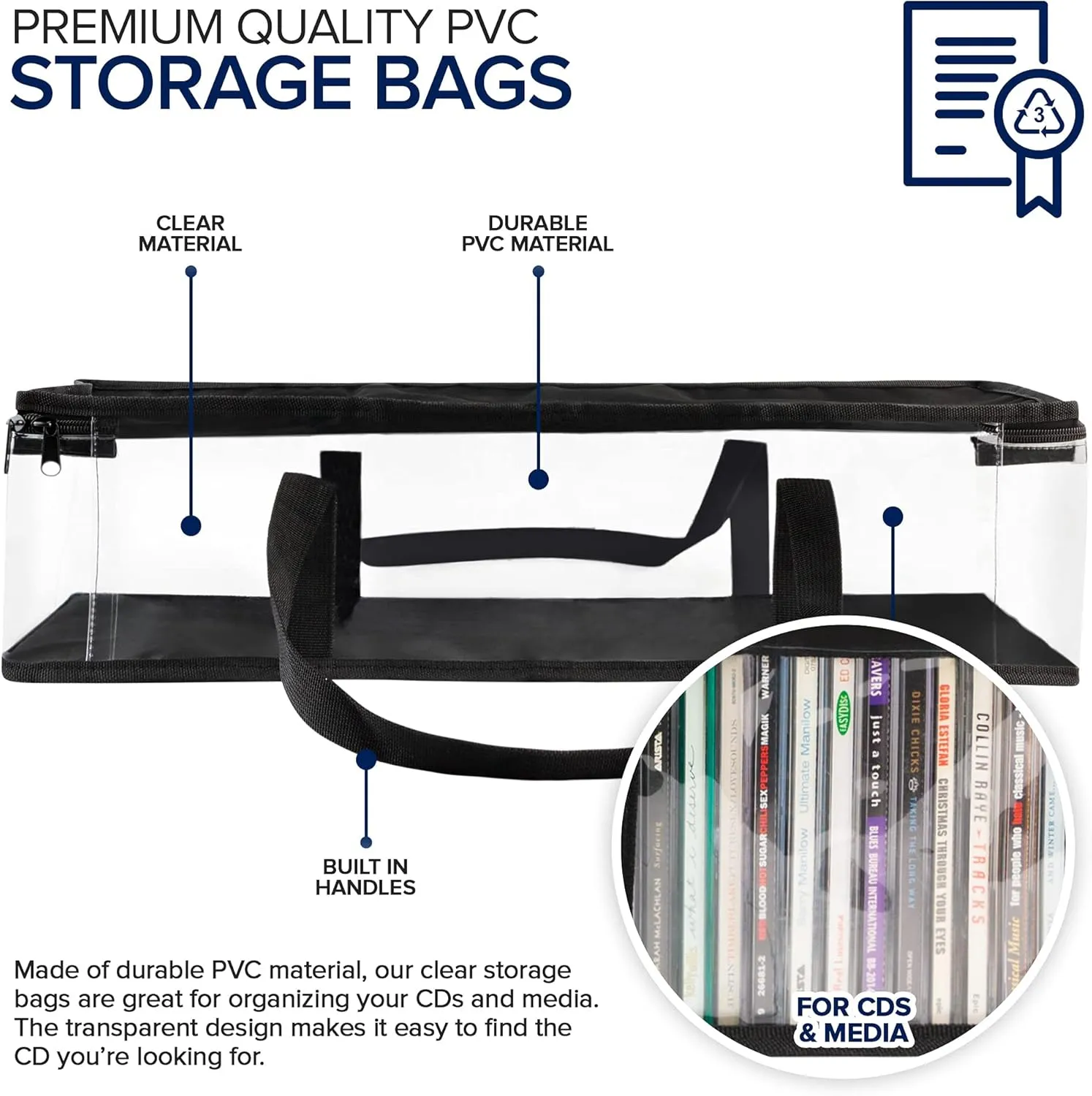 Stock Your Home CD Storage Bags (6 Pack) - Transparent PVC Media Storage - Water Resistant Holder Case With Handles - Clear Plastic Carrying Game Bag for Albums, Video Games, Books