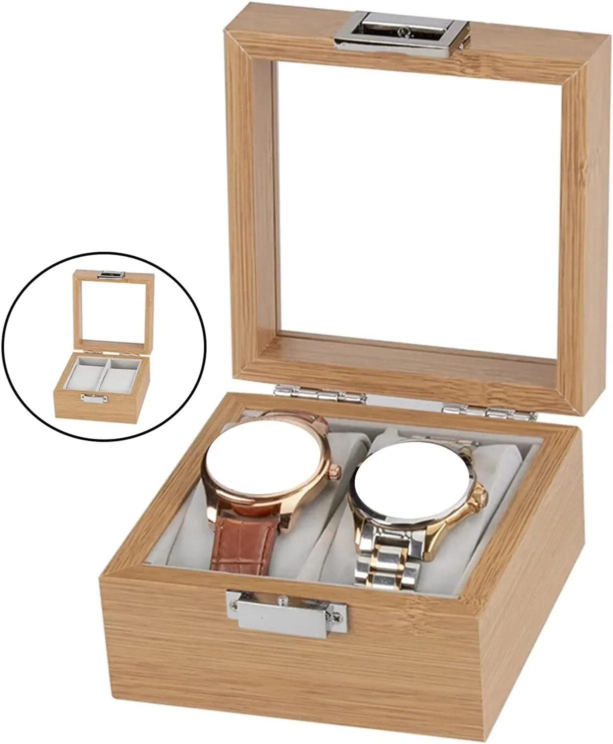 Storage Box Watch Storage Wooden Watch Box Glass Lid Window Holds 2 Watches Detailed Lines Organizer for Men Women Storage Box Jewelry Boxes