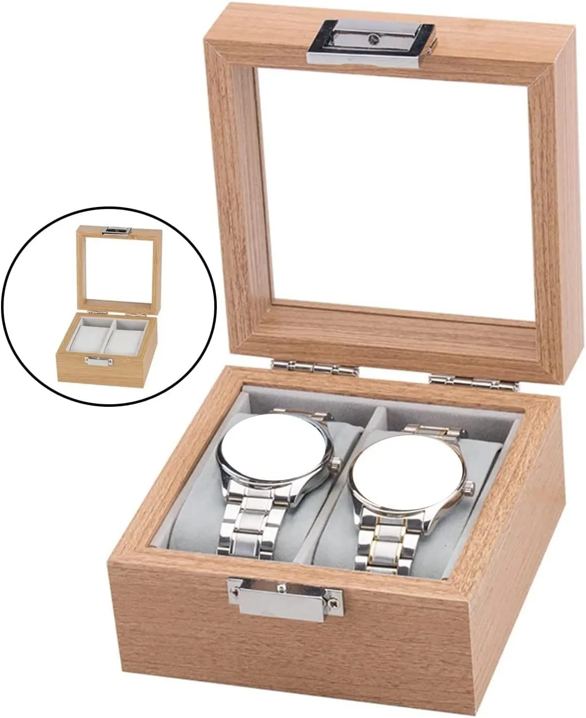 Storage Box Watch Storage Wooden Watch Box Glass Lid Window Holds 2 Watches Detailed Lines Organizer for Men Women Storage Box Jewelry Boxes