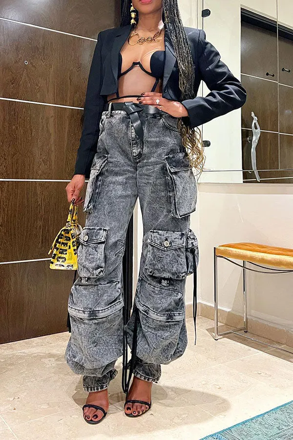storexq Solid Color Punk Multi Pocket Wide Leg Jeans
