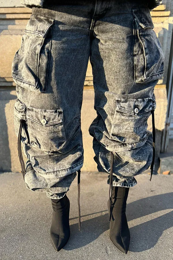 storexq Solid Color Punk Multi Pocket Wide Leg Jeans