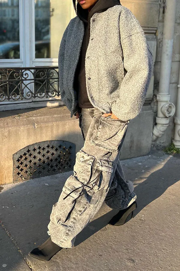 storexq Solid Color Punk Multi Pocket Wide Leg Jeans