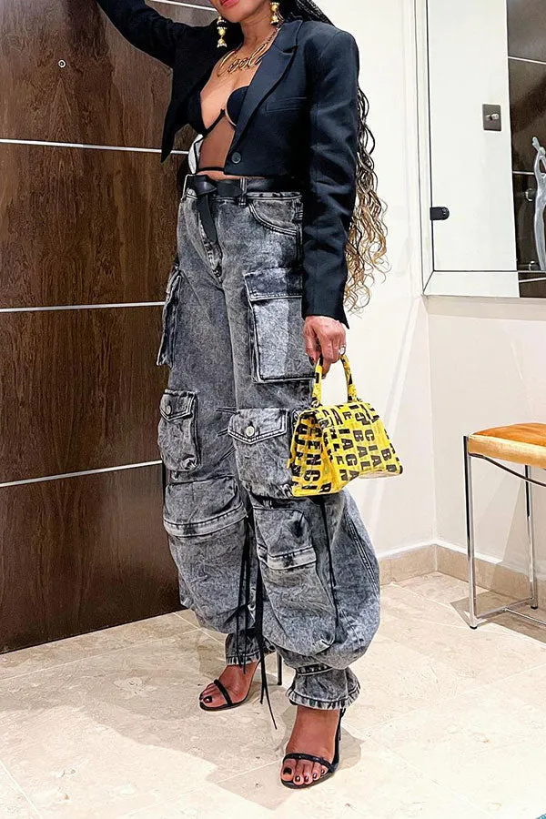 storexq Solid Color Punk Multi Pocket Wide Leg Jeans