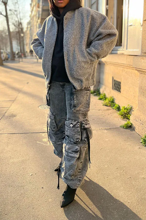 storexq Solid Color Punk Multi Pocket Wide Leg Jeans