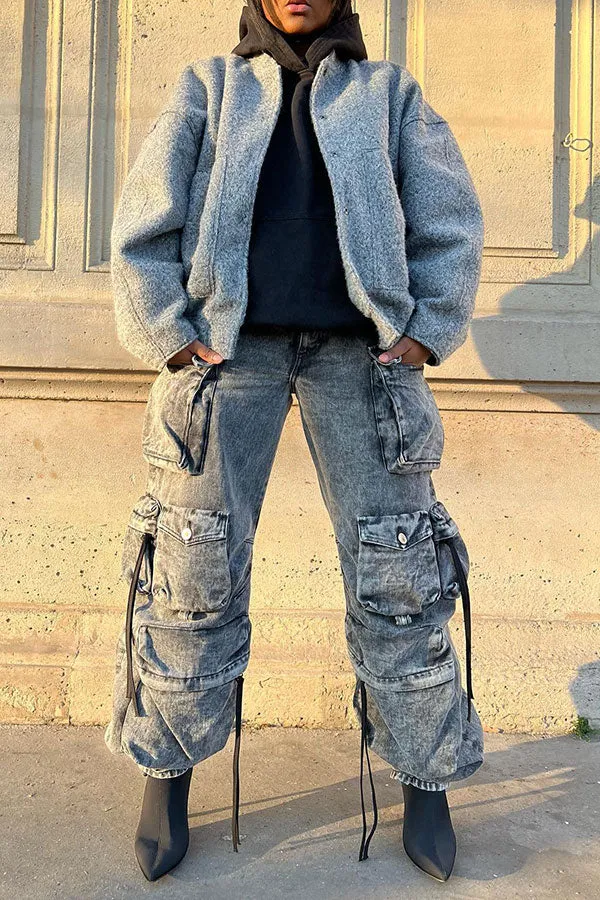 storexq Solid Color Punk Multi Pocket Wide Leg Jeans
