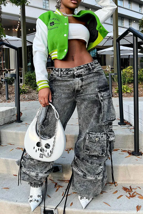 storexq Solid Color Punk Multi Pocket Wide Leg Jeans