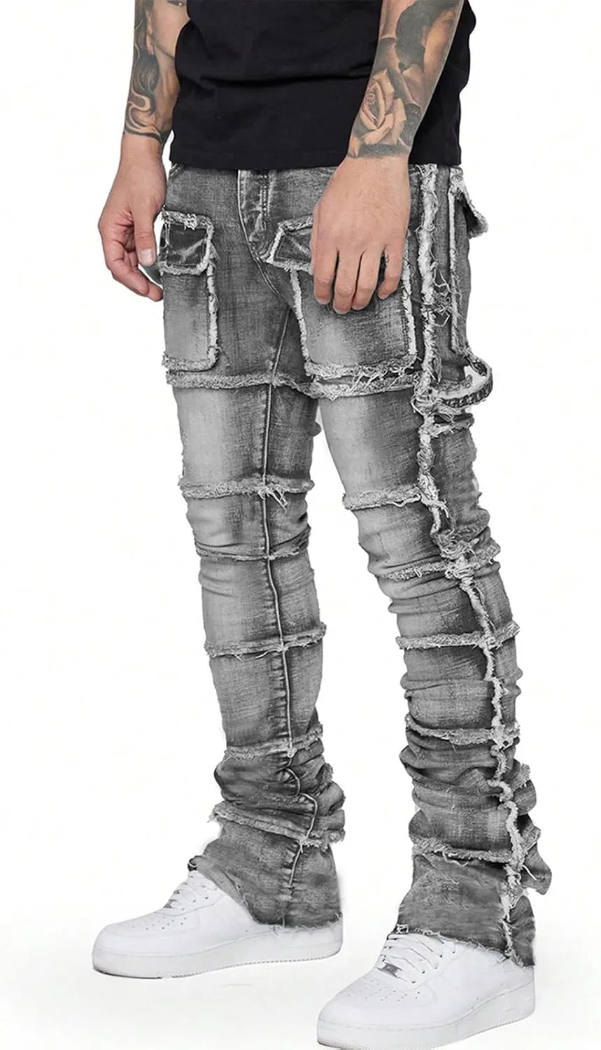 Stretch Stacked Jeans Mens Slim Fit Ripped Cargo Jeans Distressed Straight Leg Hip Hop Trousers with Pockets
