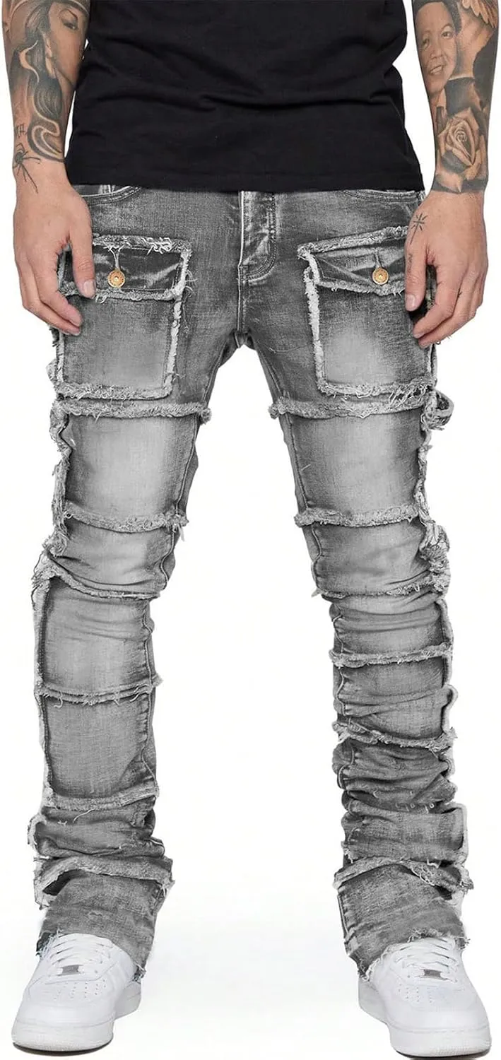 Stretch Stacked Jeans Mens Slim Fit Ripped Cargo Jeans Distressed Straight Leg Hip Hop Trousers with Pockets