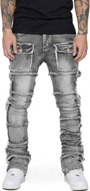 Stretch Stacked Jeans Mens Slim Fit Ripped Cargo Jeans Distressed Straight Leg Hip Hop Trousers with Pockets