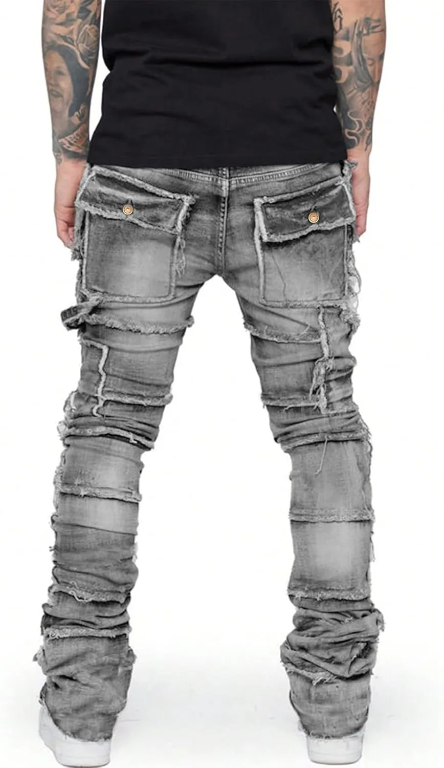 Stretch Stacked Jeans Mens Slim Fit Ripped Cargo Jeans Distressed Straight Leg Hip Hop Trousers with Pockets