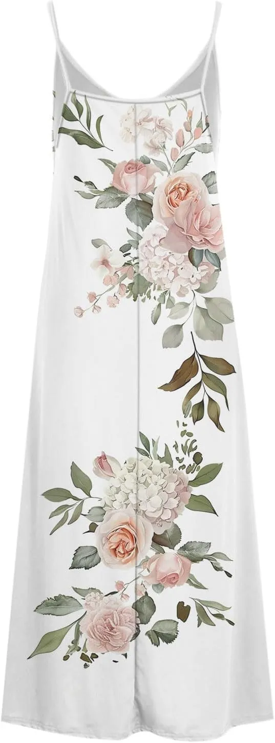 Summer Casual Dresses for Women Floral Vintage Summer Sleeveless Spaghetti Strap Dress Maxi V-Neck Casual Dresses