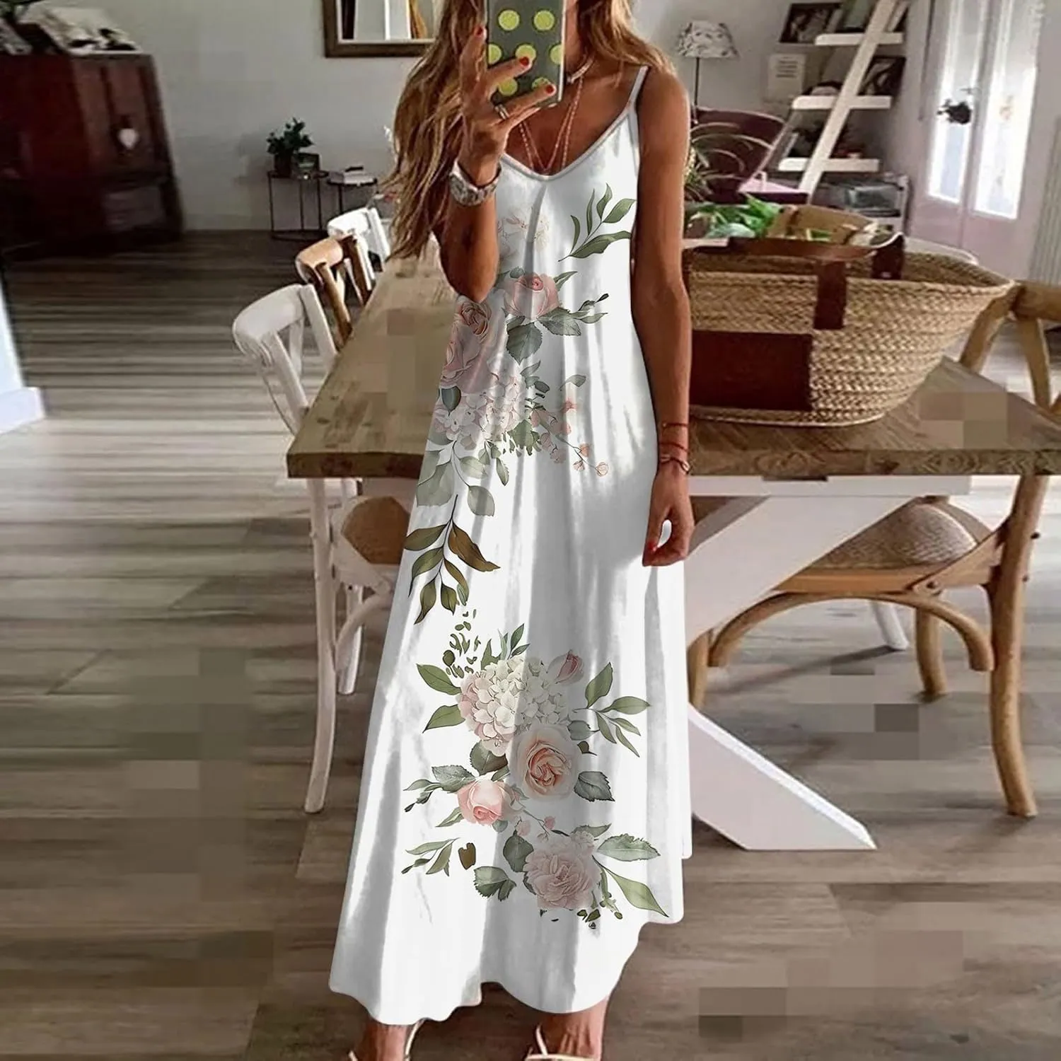 Summer Casual Dresses for Women Floral Vintage Summer Sleeveless Spaghetti Strap Dress Maxi V-Neck Casual Dresses