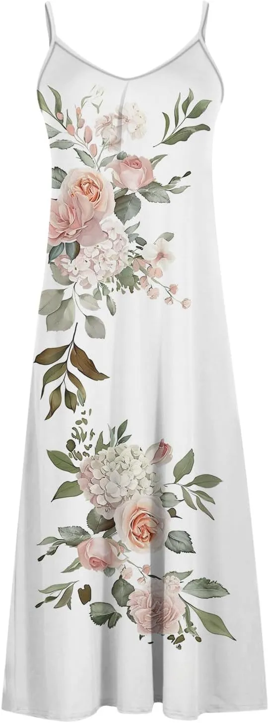 Summer Casual Dresses for Women Floral Vintage Summer Sleeveless Spaghetti Strap Dress Maxi V-Neck Casual Dresses
