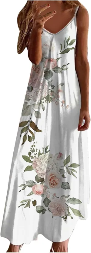 Summer Casual Dresses for Women Floral Vintage Summer Sleeveless Spaghetti Strap Dress Maxi V-Neck Casual Dresses